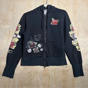 VTG Disney Mickey Mouse Ed Hardy Rose Tattoo Art Hoodie Zip Up Faded Y2K Wmns LG